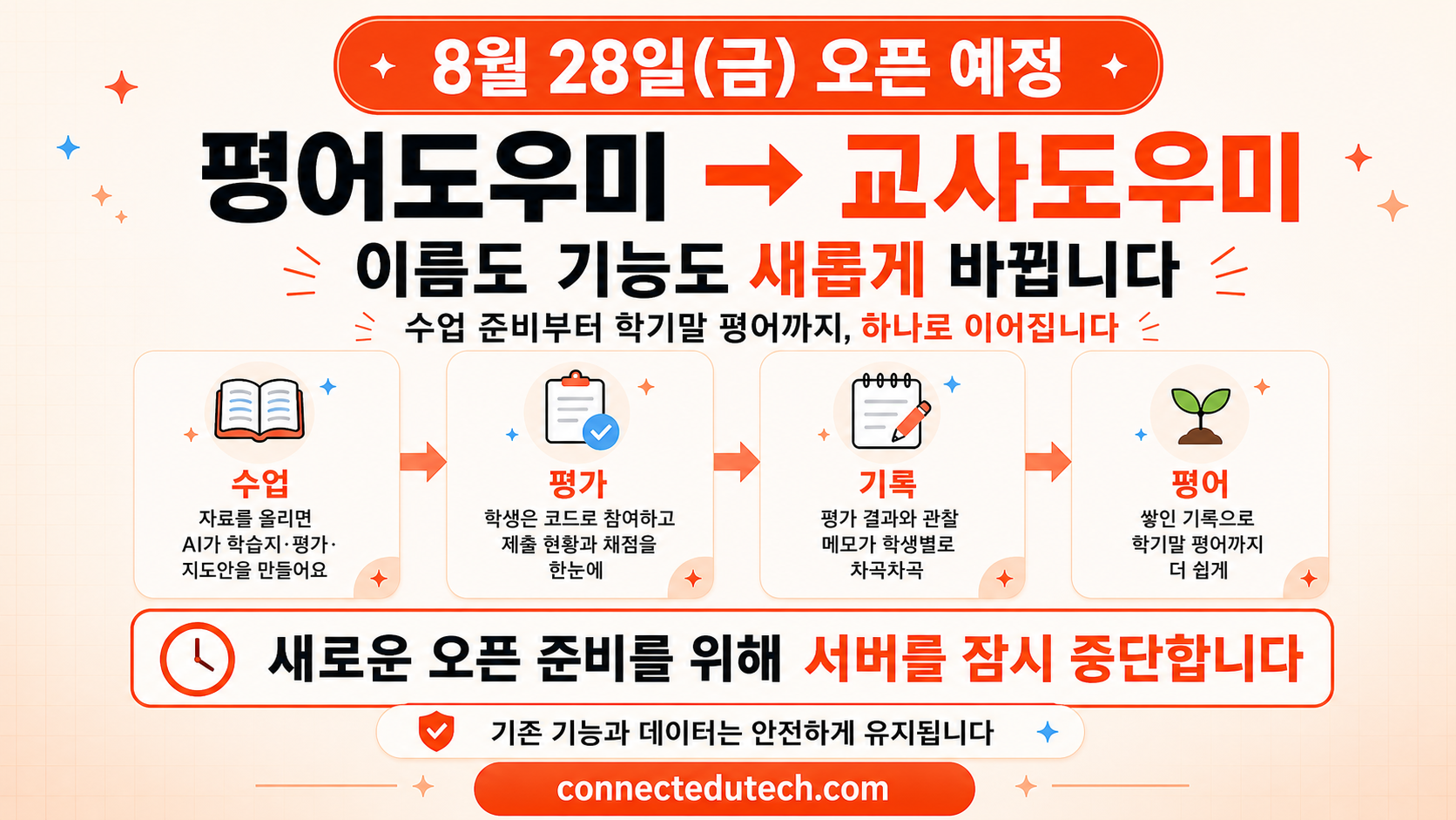 평어도우미가 교사도우미로 새롭게 바뀝니다. 8월 28일(금) 오픈 예정. 새로운 오픈 준비를 위해 서버를 잠시 중단합니다. 기존 기능과 데이터는 안전하게 유지됩니다.